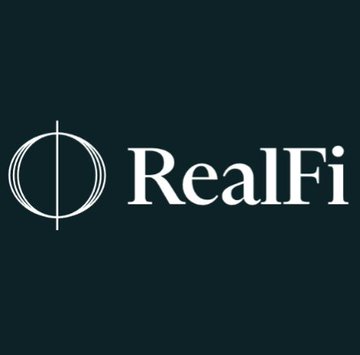 RealFi logo displayed in white text with a circular emblem on a dark teal background.