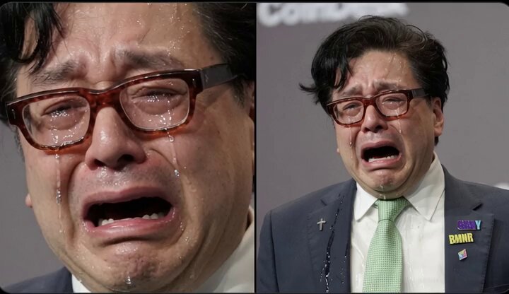 The image shows two photos of someone who appears to be crying while wearing glasses. A caption beneath the photographs explains that Tom Lee, a founder of BitMine Immersion Technologies, is sitting with roughly $8.7 billion worth of Ethereum tokens on its massive Ethereum Treasury. The comparison between the tears and financial losses emphasizes the emotional impact of this event for the company and individual involved in its creation.
