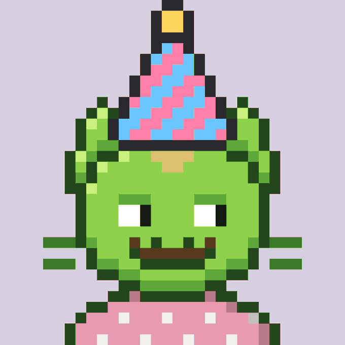 A pixel art illustration depicts a green cactus-like character with a smiling face, wearing a pink polka-dot top and a blue and pink striped party hat.