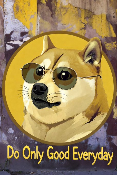 A stylized illustration of a Shiba Inu dog wearing round sunglasses, set against a yellow circular background on a weathered wall, with the text 'Do Only Good Everyday' at the bottom.