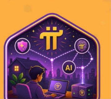 The image depicts a stylized digital illustration featuring the Pi Network (π) logo prominently displayed against a starry purple constellation backdrop, with a person working on a laptop alongside a cube and shielded AI emblem. The constellation mapping and "π" branding visually reinforce the post's mention of the Cepheus (King) constellation as symbolic guidance, suggesting Pi as a guiding "pole star" in the crypto space.