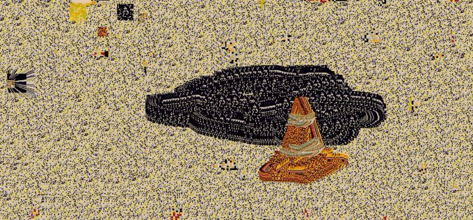 A pointillist-style artwork depicts a traffic cone beneath a dark, cloud-like shape against a speckled yellow background.