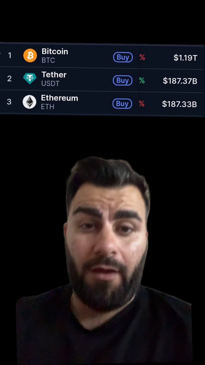 The image shows a man with a beard wearing a black shirt who appears to be looking at his phone screen. The text displayed on the screen reads "ETH decided to kill itself Losing second place is the beginning of the end, and the reason is simple... My opinion without beating around the bush". This message seems to be related to Bitcoin or Etherium, as it is a cryptocurrency exchange platform.