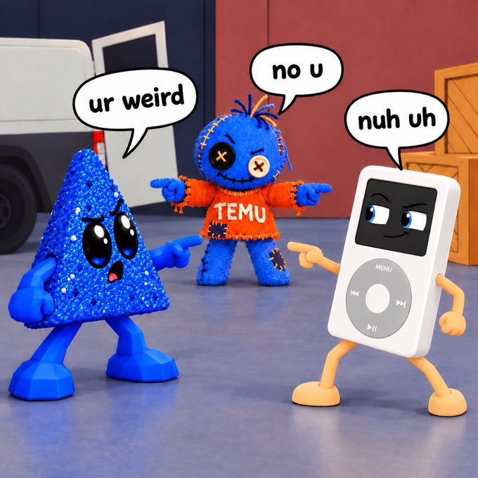A colorful cartoon image features a sparkly blue triangle character saying 'ur weird', a blue stitched voodoo doll wearing a 'TEMU' sweater saying 'no u', and an iPod character saying 'nuh uh'.