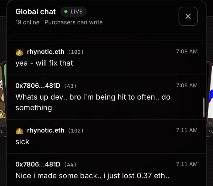 A screenshot of a "Global chat" showing 19 users online, with messages from "rhynotic.eth" and "0x7806...481D" discussing being hit and losing 0.37 eth.