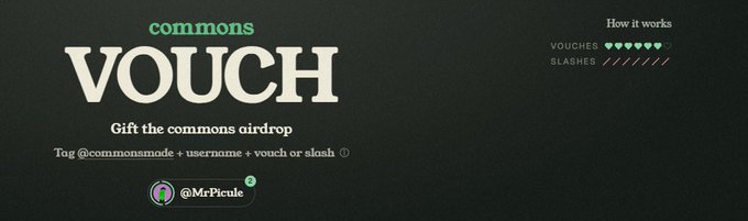 A promotional graphic for 'commons' with bold 'VOUCH' text encouraging users to 'Tag @commonsmode + username + vouch or slash' to gift the commons airdrop.