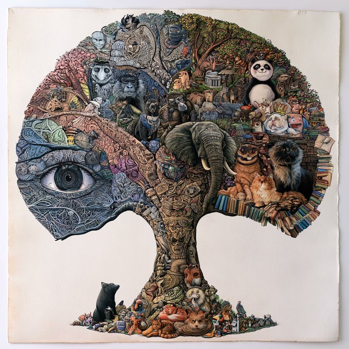 An intricate, surrealist artwork depicting a tree shaped like an elephant's head, with its branches forming a brain filled with various animals including a panda, elephant, monkeys, cats, and a deer, while the roots are composed of intertwined faces and bodies.