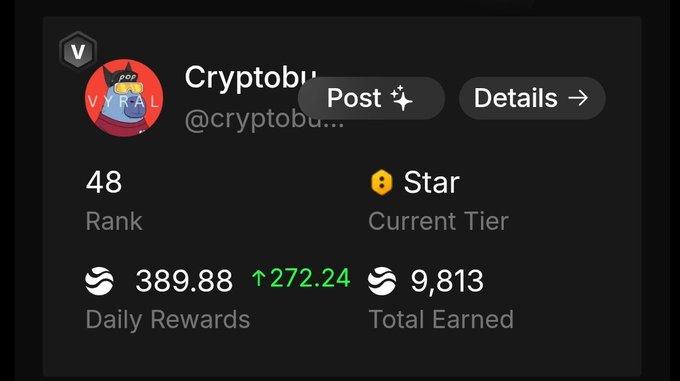 A user's profile card displays the username "Cryptobu..." (@cryptobu...) with a rank of 48, Star tier, and 9,813 total earned points (up 272.24 in daily rewards). The image relates to the post by showcasing the user's engagement metrics as they rally others to earn $RIVER points over the weekend for cross-chain DeFi.