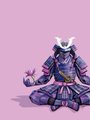 A pixelated samurai character with purple and red armor floats against a pink background, emitting a pink energy effect from his hand.