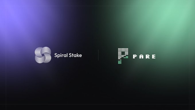 The image showcases the Spiral Stake and Pare logos side-by-side on a dark gradient background, visually announcing their integration partnership for trading tokenized stocks and their dividends separately.