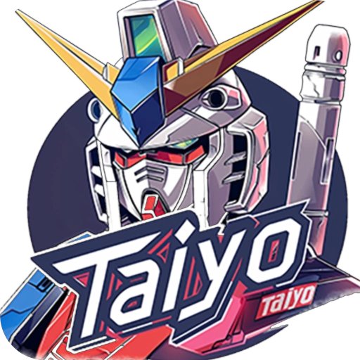 An illustrated logo or sticker featuring a Gundam-style mecha robot head in white, blue, and red with the stylized text 'Taiyo' prominently displayed.
