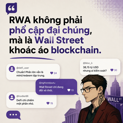 A Vietnamese-language graphic featuring a character with text 'RWA không phải phổ cập đại chúng, mà là Wall Street khoác áo blockchain' alongside social media-style comments about crypto and solana.