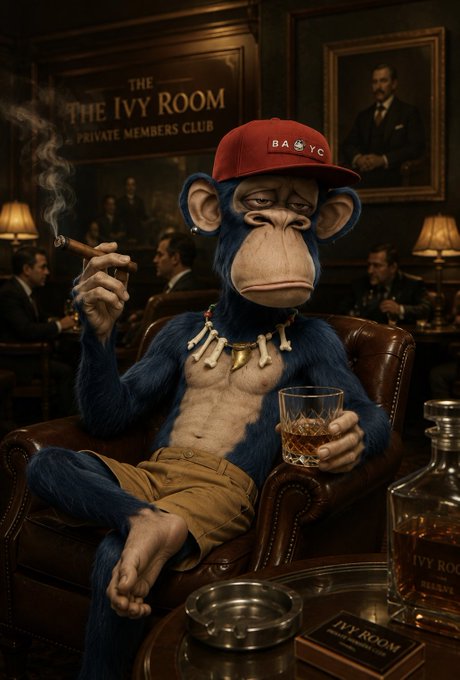 An anthropomorphic blue chimpanzee wearing a red 'BAYC' cap, tooth necklace, and khaki shorts lounges in a leather armchair smoking a cigar and holding whiskey, inside 'The Ivy Room Private Members Club.'
