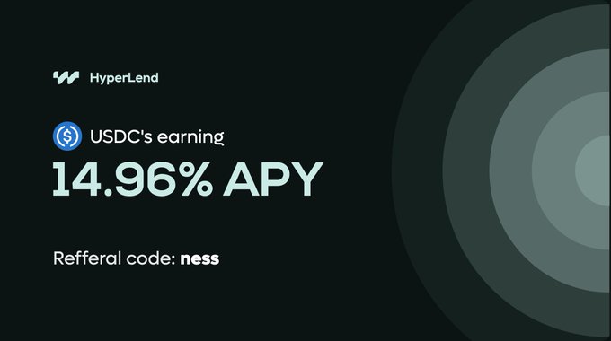 A dark promotional graphic for HyperLend advertising USDC earning at 14.96% APY with referral code 'ness'.