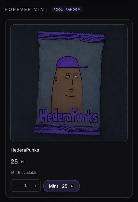 A dark-themed NFT minting interface for 'Forever Mint Pool · Random' showing a HederaPunks collectible (a potato-like character wearing a purple cap) priced at 25, with 46 available and a mint quantity selector.