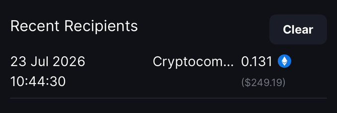 A screenshot of a "Recent Recipients" transaction log showing a 0.131 ETH (~$249.19) transfer to "Cryptocom..." on 23 Jul 2026 at 10:44:30, illustrating a crypto payment confirmation accompanying the simple "Enjoy" message.