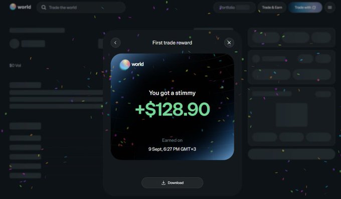 A World platform pop-up displays a "First trade reward" notification showing the user received "+$128.90" earned on September 6, 2027 at 6:27 PM GMT+3, celebrating their initial trading activity on the platform. The image illustrates the reward mentioned in the accompanying guide, which walks users through signing up via the referral link and making their first trade on World.xyz to qualify for the airdrop without requiring a deposit.