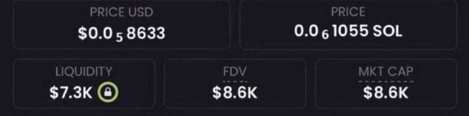 The image displays cryptocurrency metrics for an unknown memecoin: Price USD of $0.058633, Price in SOL of 0.061055, Liquidity of $7.3K (locked), FDV of $8.6K, and Market Cap of $8.6K. This supports the post's claim of an ultra-low-cap memecoin, matching the advertised $8.6K market cap and suggesting it's a Solana-based token given the SOL pricing.