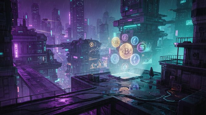 A cyberpunk-style cityscape illuminated in purple and teal neon, featuring floating cryptocurrency symbols including Bitcoin and Ethereum alongside stock market chart overlays.