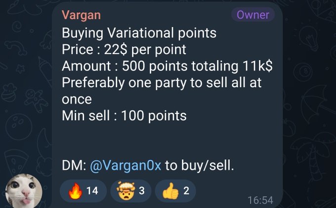 A Telegram post by 'Vargan' (Owner) advertising the buying of Variational points at 22$ per point, with a minimum sell of 100 points, directing DMs to @Vargan0x.