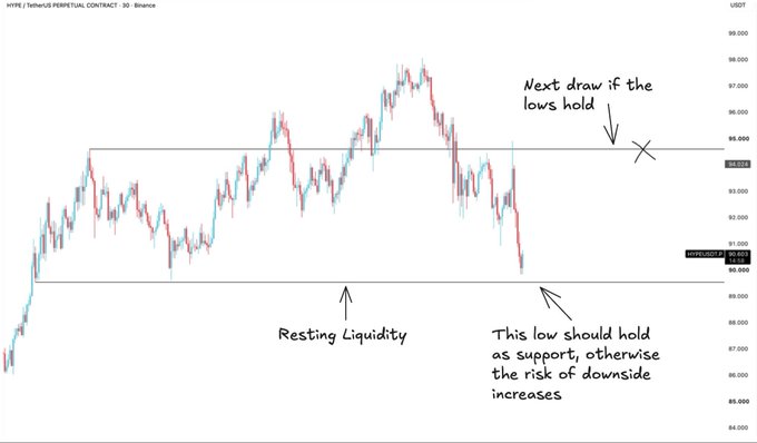 A candlestick chart of Binance perpetual contracts with annotations including "Resting Liquidity," "Next draw if the lows hold," and "This low should hold as support, otherwise the risk of downside increases," showing price levels around 94.000 to 98.000 USDT.