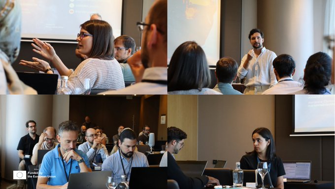 A collage of four photos showing people in what appears to be a conference or workshop setting, with one image labeled 'Funded by the European Union'.