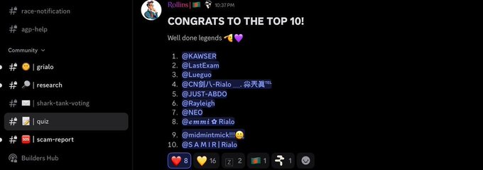 A Discord screenshot from user 'Rollinn' congratulating the 'TOP 10!' of a quiz, listing handles like @KAWSER, @LartExam, and @Lueguo, with channels including '#quiz' visible on the left.