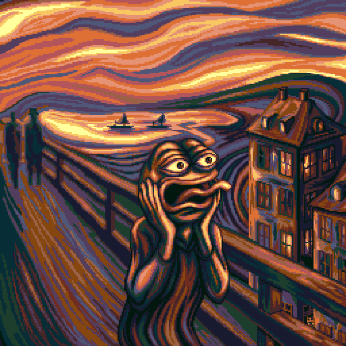A pixelated, parody-style artwork mimicking Edvard Munch's 'The Scream,' featuring a screaming figure on a bridge under an orange swirling sky.