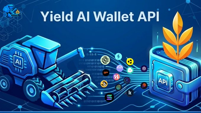 The image features a blue background with white text, which reads "Yield AI Wallet API". The text is accompanied by an illustration of a combine harvester and a book, suggesting that the image is related to agriculture or farming.