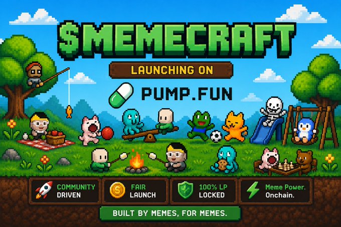 The image features a poster for the video game MemecRAFT, which is currently live on @pumpfun ARrqRetXUj9wD2ndSfN5CgKiHn7xP2DMhxp2BWnfpump Play here: memecraft.world". The poster showcases a cartoon-style illustration of various characters and objects, including a green pill, a stuffed animal bear, a toy car, and other game elements such as a rocket ship and a castle. The text on the poster announces that the game is launching on Pump Fun, which suggests that it's an exciting new release for players to enjoy.