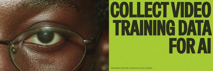 A graphic with text 'COLLECT VIDEO TRAINING DATA FOR AI' alongside a close-up image of a person's eye wearing glasses, with a notice about providers, pipelines, and smart actuality works.