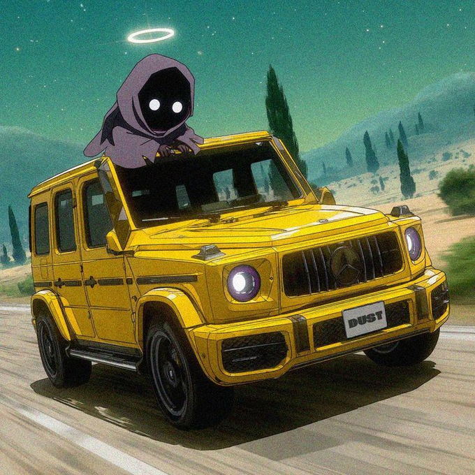 A stylized digital illustration depicts a hooded grim reaper figure with glowing white eyes and a halo driving a yellow Mercedes-Benz G-Wagon with a 'DUST' license plate through a Mediterranean landscape at dusk.