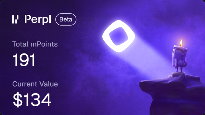 The image displays a "Perpl Beta" dashboard showing 191 Total mPoints with a Current Value of $134, featuring a purple-themed design with a lit candle on a rocky ledge. This relates to the post by illustrating the user's mPoints earnings, which are central to tracking progress toward the $1M rewards distribution mentioned.