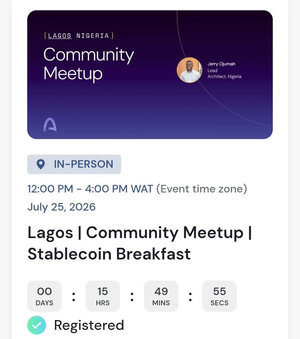 An event registration page for a Lagos, Nigeria Community Meetup Stablecoin Breakfast hosted by Jerry Ojumah, scheduled for July 25, 2026 from 12:00 PM - 4:00 PM WAT, showing a countdown timer and 'Registered' status.