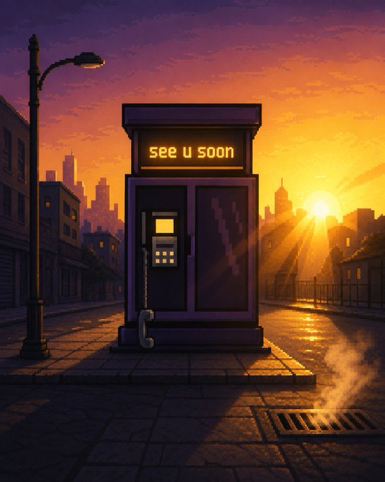 Pixel art of a phone booth displaying 'see u soon' on a city street at sunset.