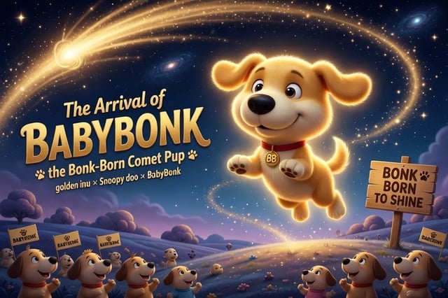 The image features a poster or book cover for "The Arrival of BabyBonk", which is a children's animated movie about a dog named BabyBonk who goes on an adventure with his family. The poster includes a cartoon depiction of BabyBonk flying through space, surrounded by stars and planets. There are also several other dogs in the background, suggesting that this movie is suitable for both kids and adults alike.