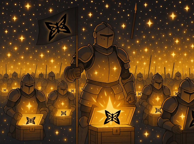 A fantasy illustration of armored knights gathered around treasure chests emitting golden star-shaped sparkles against a starry night sky, with one knight holding a flag bearing a butterfly-like emblem.