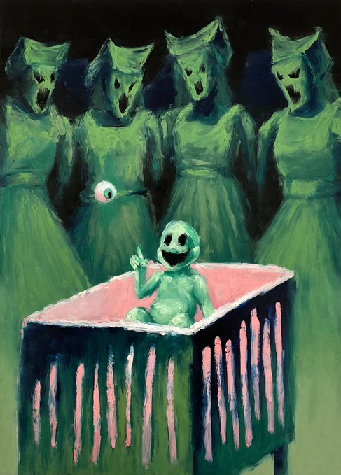 An eerie painting showing four ghostly figures in green robes looming over a creepy doll-like baby in a crib, with a floating eyeball in the background.