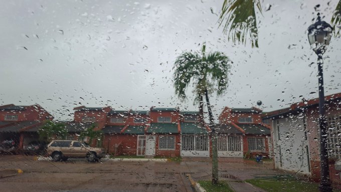 A rainy day view through a water-streaked window shows a street with red buildings, parked cars, a palm tree, and a black lamppost under an overcast sky.