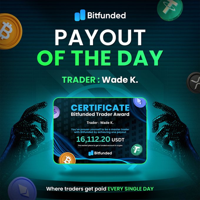 A promotional graphic from Bitfunded announces "PAYOUT OF THE DAY" featuring trader Wade K., who earned a certificate for a 16,112.20 USDT payout, visually reinforcing the post's message about disciplined trading and consistent rewards. The image's certificate display and "Where traders get paid EVERY SINGLE DAY" tagline directly support the celebration of Wade's successful payout mentioned in the accompanying text.