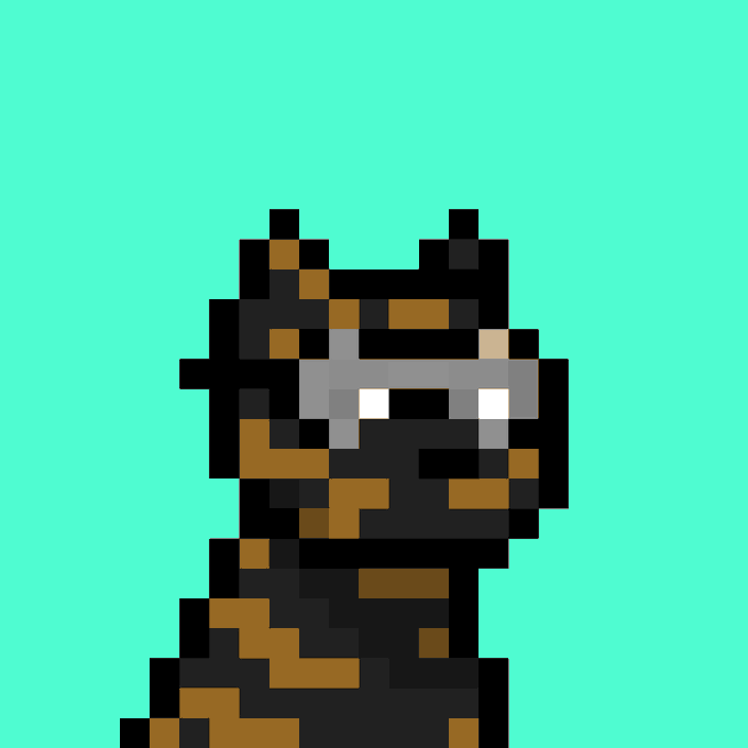 A pixel-art illustration of a black, brown, and white dog-like creature against a teal background. The accompanying “Thank you for this free doggo” caption indicates the character is the free doggo being thanked for.