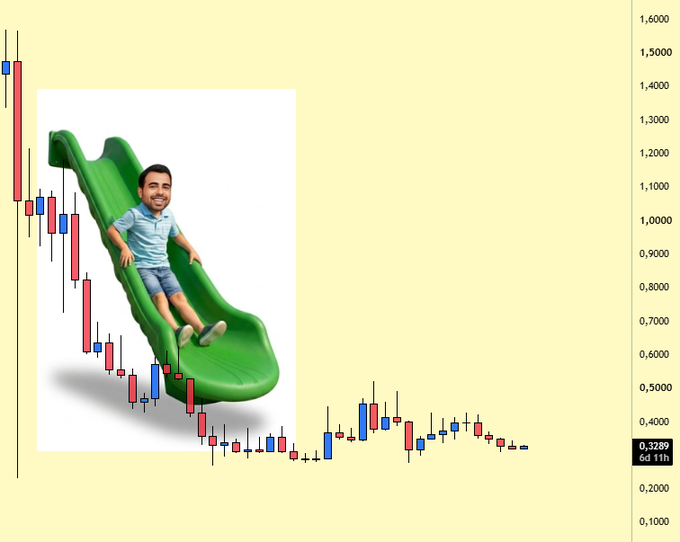 A candlestick chart showing a steep decline from ~1,500 to ~0.32 (6d 11h) is overlaid with a man happily sliding down a green playground slide, humorously illustrating the post's message about people who miss opportunities—like TIA's drop from $0.37 to $0.32 while Bitcoin rose to $65,000—yet remain cheerful in their self-made bubbles.