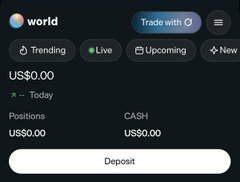 The image displays a World trading app showing a balance of US$0.00 in both Positions and CASH, despite the post suggesting the user deposited their last $10 to trade. This highlights the irony of the caption—the user intended to FOMO trade but ended up unable to withdraw their remaining cash, now reflected as a zero balance on the platform.