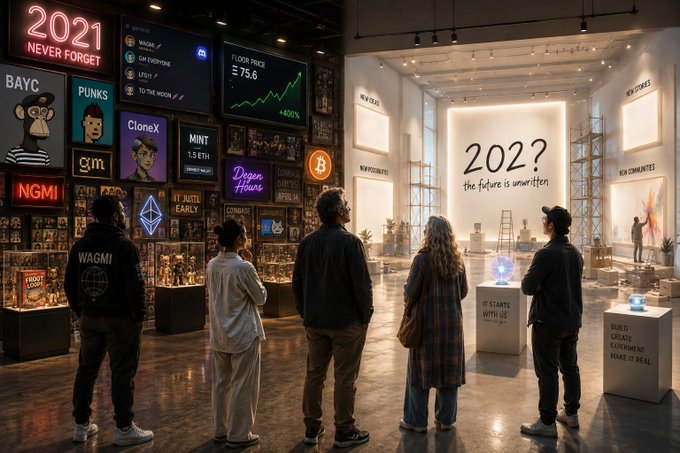 Four people stand inside a gallery space looking at walls covered in crypto and NFT artwork. Visible text includes '2021 NEVER FORGET', 'BAYC', 'PUNKS', 'CloneX', 'MINT 1.5 ETH', 'Doge Hours', 'WAGMI', 'NGMI', '202?', and 'the future is unwritten'.
