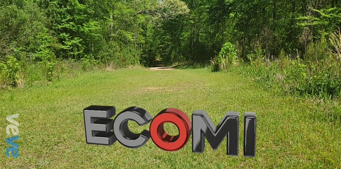 3D text spelling 'ECOMI' rendered in black and red sits on a grassy path surrounded by dense green forest.