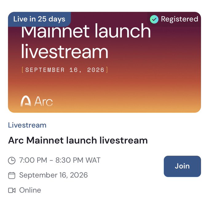 The image shows a registered event card for the "Arc Mainnet launch livestream" scheduled for September 16, 2026, from 7:00 PM - 8:30 PM WAT, with a "Live in 25 days" badge and a Join button, directly corresponding to the announcement of Arc's mainnet launch bringing faster, more efficient onchain finance.
