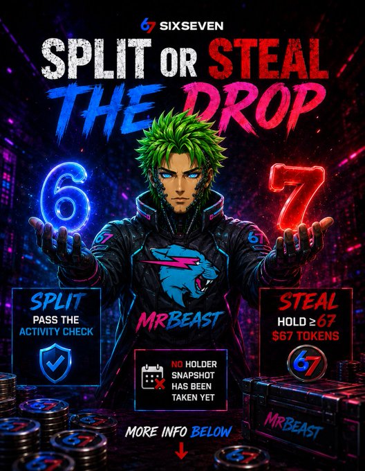 A promotional graphic for SixSeven's "Split or Steal: The Drop" features a green-haired anime-style character holding glowing blue "6" and red "7" symbols, with instructions to either "Split" by passing the Activity Check or "Steal" by holding at least 67 $67 Tokens, tied to MrBeast branding and noting no holder snapshot has been taken yet.