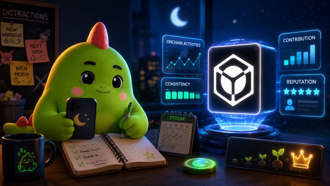 A cute green cartoon dinosaur mascot works at a desk with a checklist and phone, surrounded by glowing holographic screens showing 'ONCHAIN ACTIVITIES,' 'CONTRIBUTION,' 'CONSISTENCY,' and 'REPUTATION' metrics.