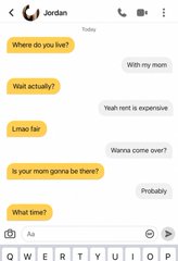 A screenshot of a text message conversation with "Jordan" shows a humorous exchange where the sender repeatedly presses Jordan about his mother's absence, revealing Jordan's evasive responses ("Probably" about what time she arrives) in contrast to his earlier bravado ("Lmac far," "Wanna come over?"). The banter satirizes young men's overconfident attempts to impress dates with empty promises about plans and company.