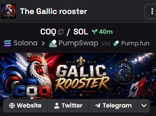 The image features a computer screen showing a banner advertisement for "Gallic Rooster". The text on the banner reads "Solana = [0.3, 0.37, 0.41, 0.48]", meaning that they are currently promoting Solana alongside their advertisement. In addition to this, there's another line of text that says "COQ = [0.44, 0.31, 0.51, 0.4]". The screen also displays the social media icons for Facebook and Twitter.